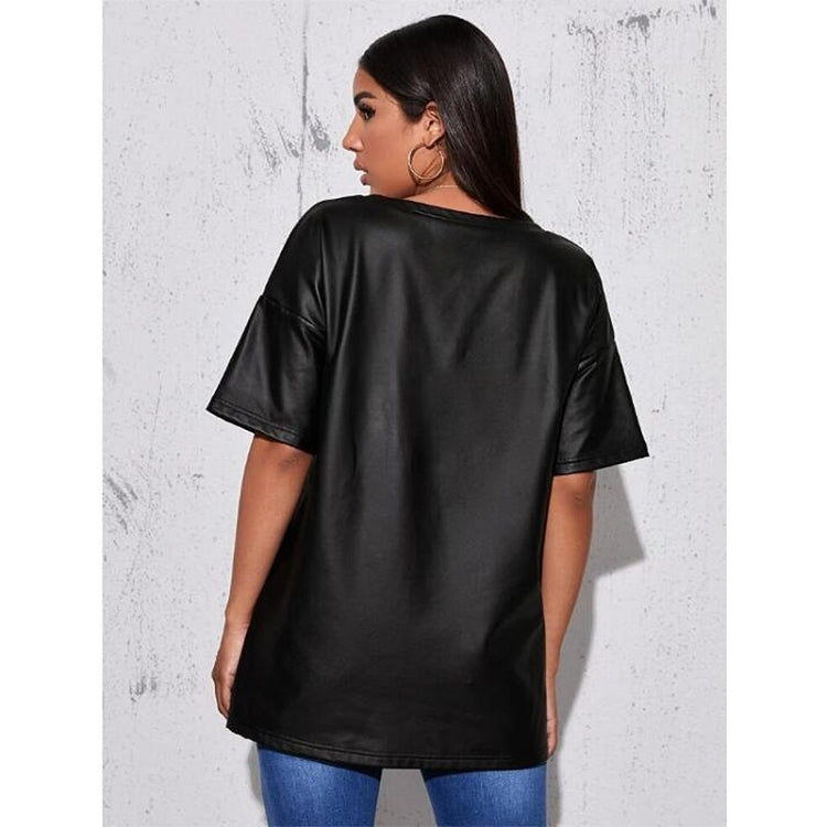 Loose Casual PU Leather Short Sleeve T-shirt For Ladies