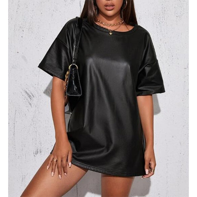 Loose Casual PU Leather Short Sleeve T-shirt For Ladies