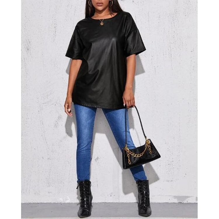 Loose Casual PU Leather Short Sleeve T-shirt For Ladies