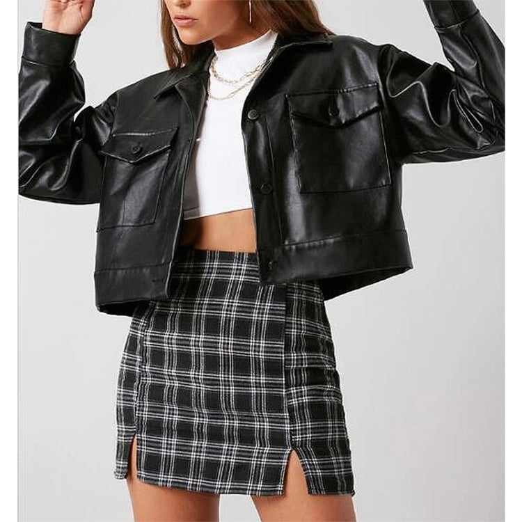 Loose Casual Long Sleeve Short PU Leather Jacket For Ladies