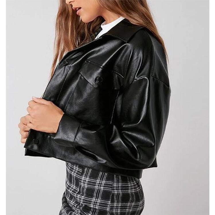 Loose Casual Long Sleeve Short PU Leather Jacket For Ladies