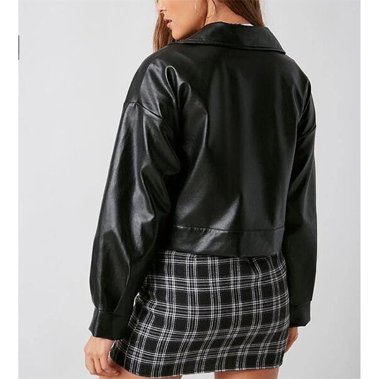 Loose Casual Long Sleeve Short PU Leather Jacket For Ladies