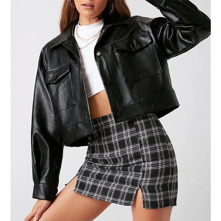 Loose Casual Long Sleeve Short PU Leather Jacket For Ladies