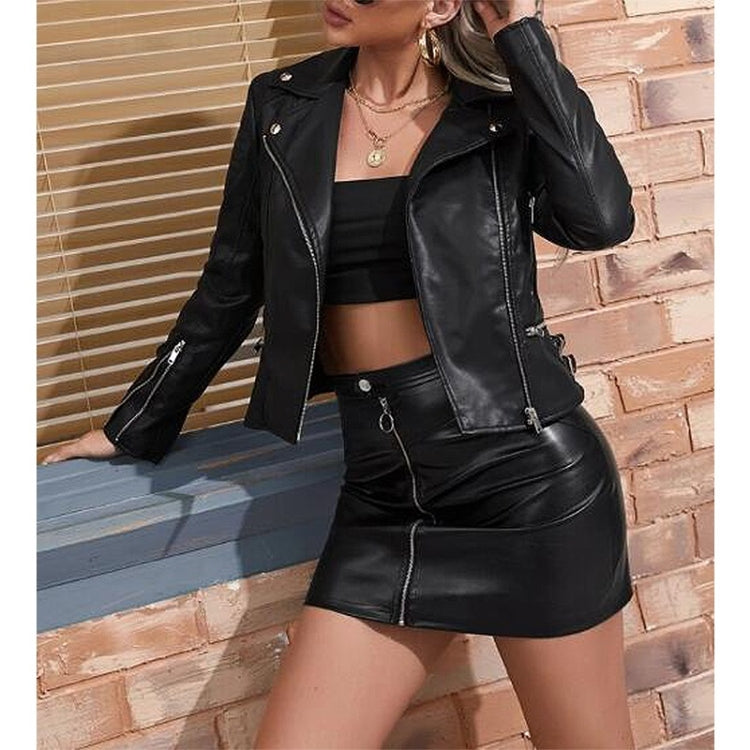 Loose Casual Short Zipper Long Sleeve PU Leather Jacket For Ladies