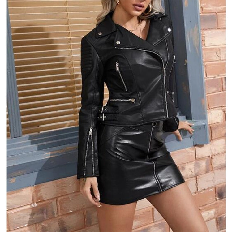 Loose Casual Short Zipper Long Sleeve PU Leather Jacket For Ladies