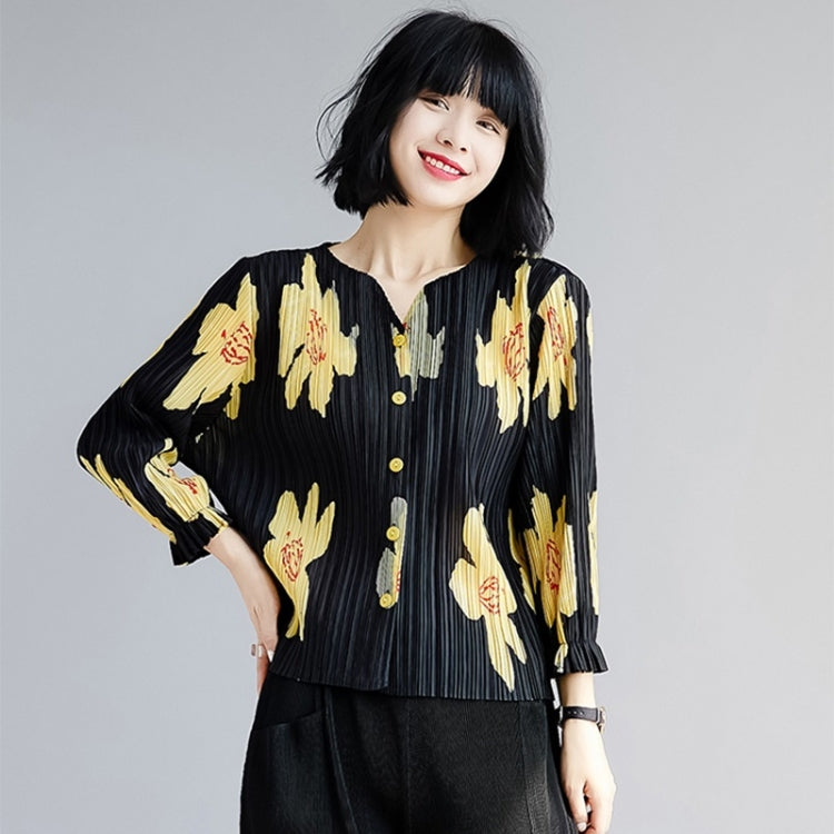 Single-breasted Printed Pleated Cardigan With Flared Sleeves