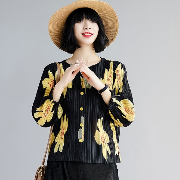 Single-breasted Printed Pleated Cardigan With Flared Sleeves
