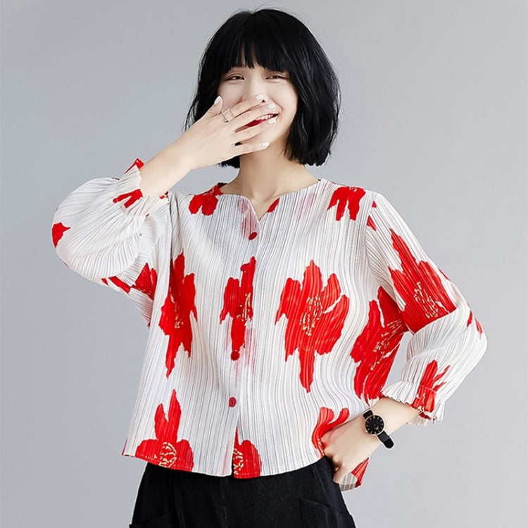 Single-breasted Printed Pleated Cardigan With Flared Sleeves