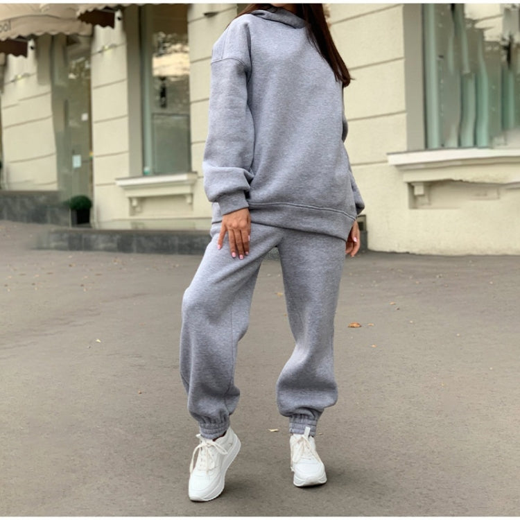 Autumn Winter Loose Hooded Plus Fleece Sweater + Trousers Suit for Ladies