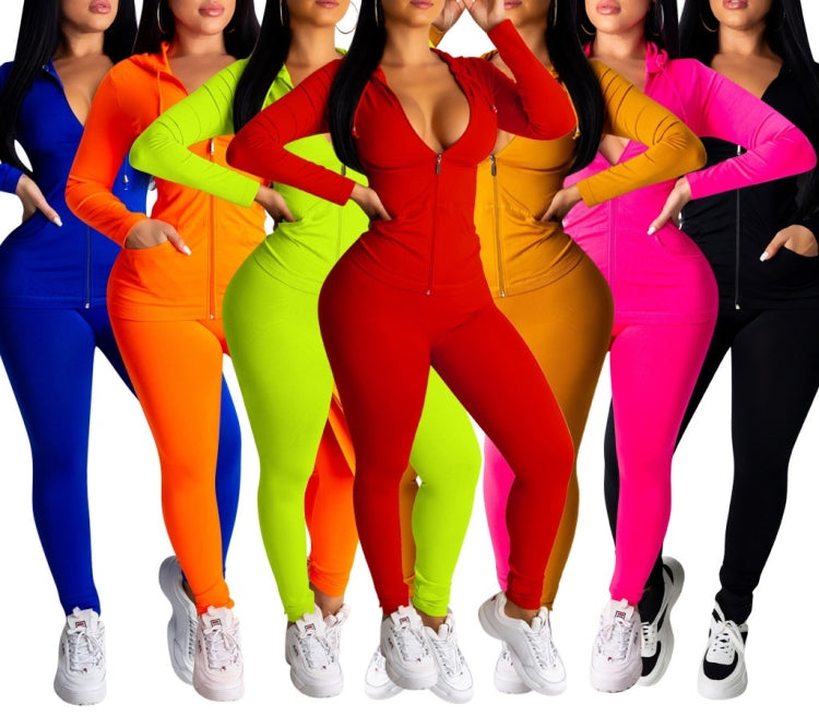 Spring Solid Color Tight-fitting Casual Hooded Sweater + Trousers Suit for Ladies