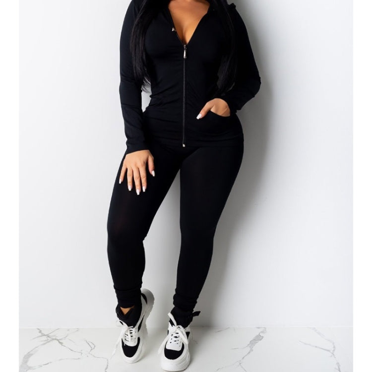 Spring Solid Color Tight-fitting Casual Hooded Sweater + Trousers Suit for Ladies