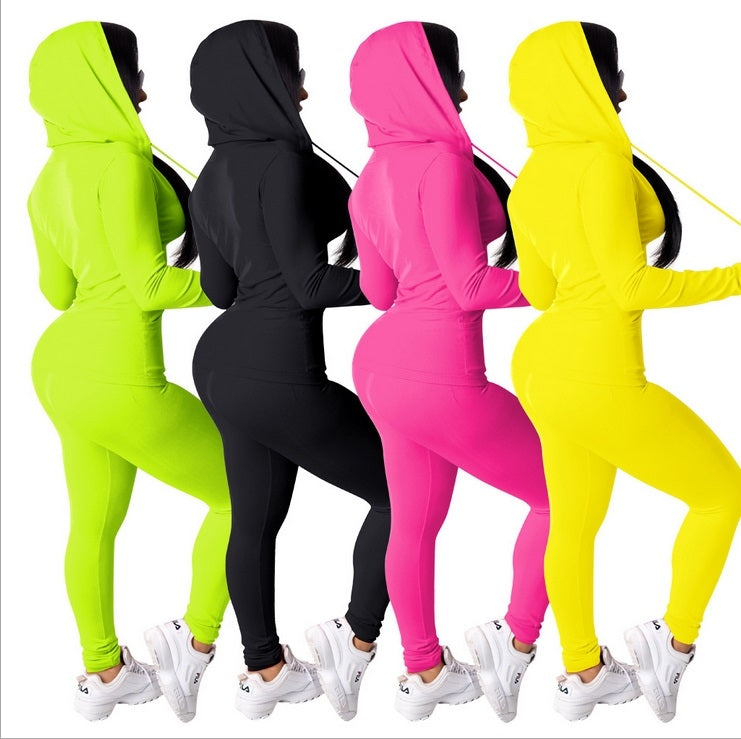 Spring Solid Color Tight-fitting Casual Hooded Sweater + Trousers Suit for Ladies