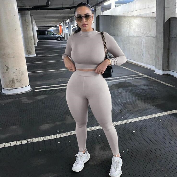 Fall Winter Solid Color Slim Fit Long-sleeved Sweatshirt + Trousers Suit for Ladies