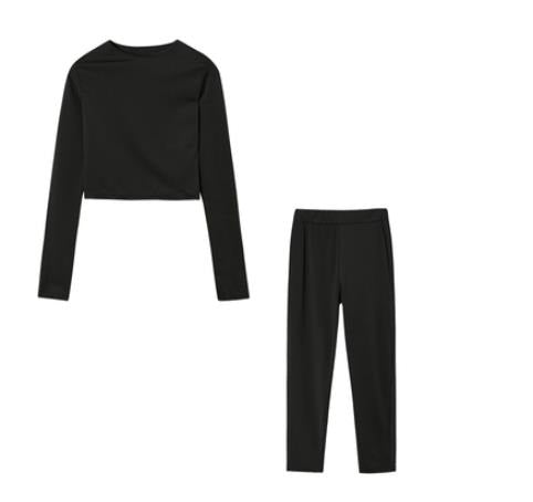 Fall Winter Solid Color Slim Fit Long-sleeved Sweatshirt + Trousers Suit for Ladies