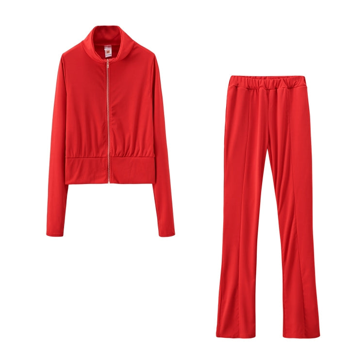 Autumn Solid Color Short Long-sleeved Zipper Slim Fit Sportswear + Trousers Suit For Ladies