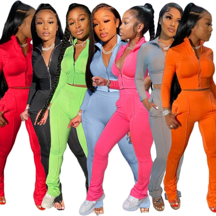 Autumn Solid Color Short Long-sleeved Zipper Slim Fit Sportswear + Trousers Suit For Ladies