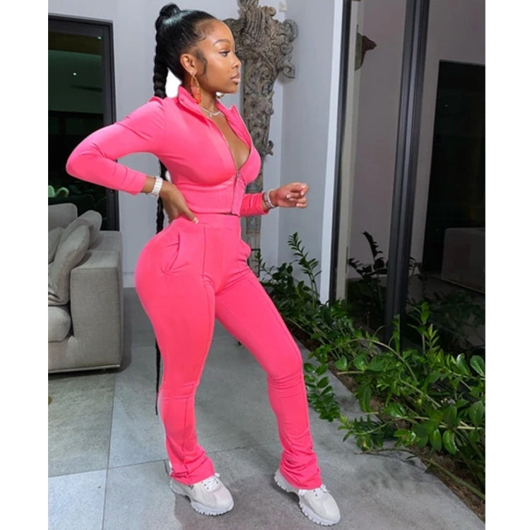 Autumn Solid Color Short Long-sleeved Zipper Slim Fit Sportswear + Trousers Suit For Ladies