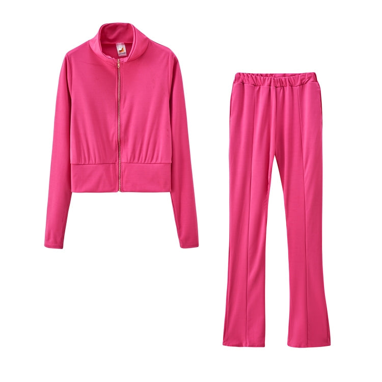 Autumn Solid Color Short Long-sleeved Zipper Slim Fit Sportswear + Trousers Suit For Ladies