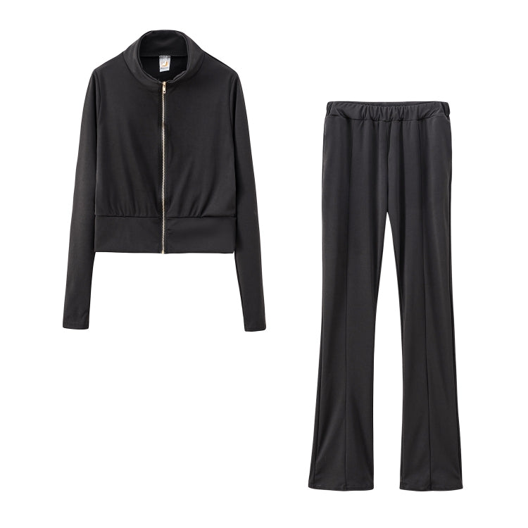 Autumn Solid Color Short Long-sleeved Zipper Slim Fit Sportswear + Trousers Suit For Ladies