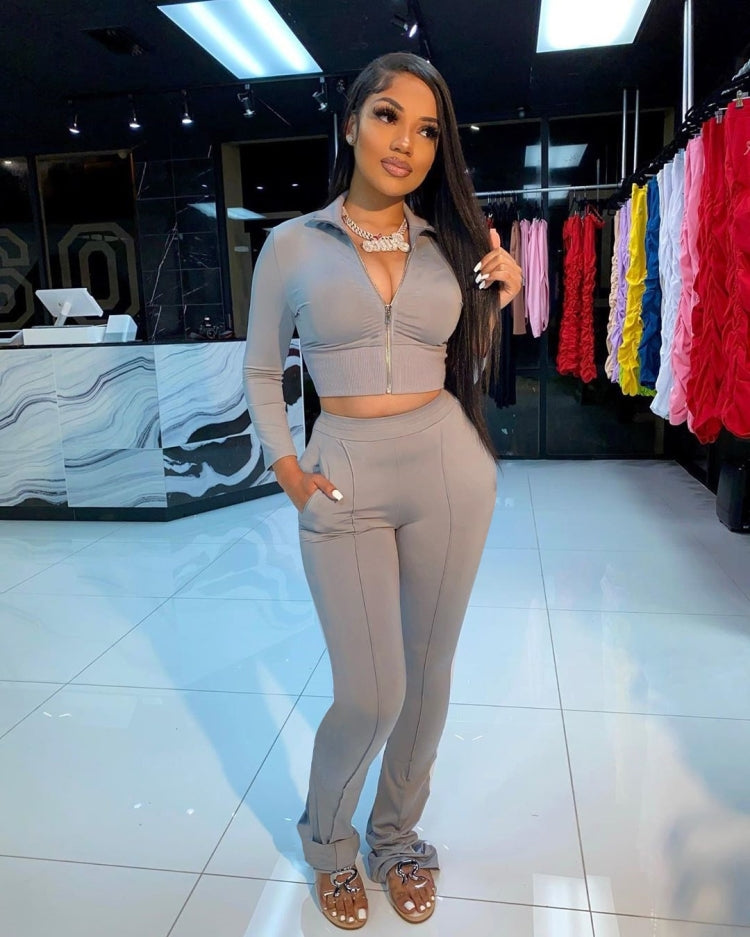 Autumn Solid Color Short Long-sleeved Zipper Slim Fit Sportswear + Trousers Suit For Ladies