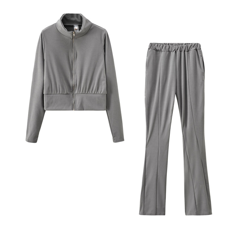 Autumn Solid Color Short Long-sleeved Zipper Slim Fit Sportswear + Trousers Suit For Ladies
