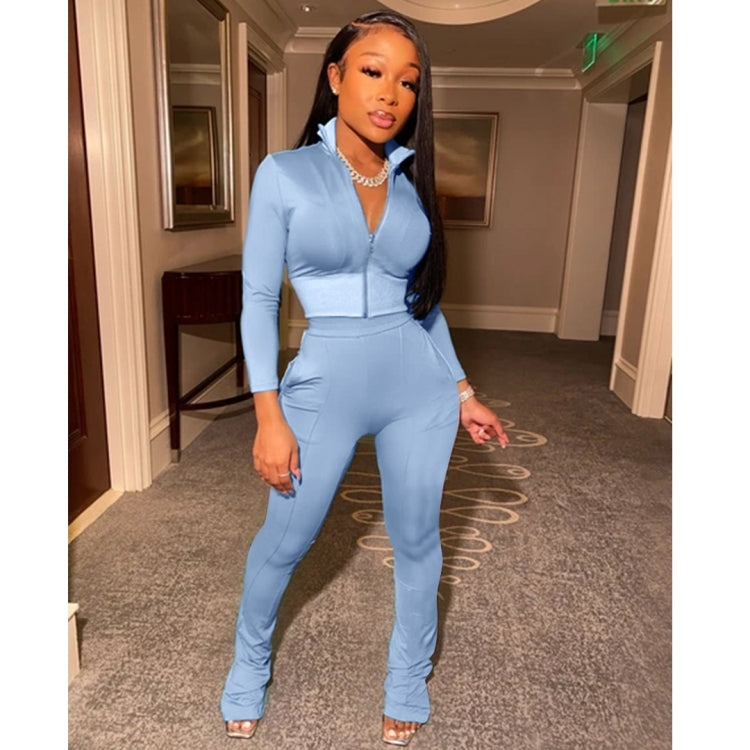 Autumn Solid Color Short Long-sleeved Zipper Slim Fit Sportswear + Trousers Suit For Ladies