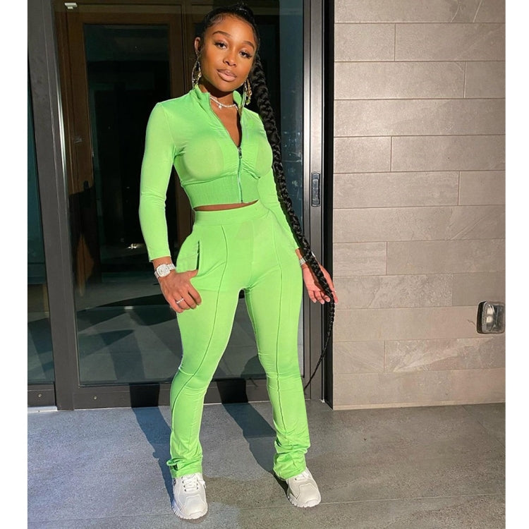 Autumn Solid Color Short Long-sleeved Zipper Slim Fit Sportswear + Trousers Suit For Ladies