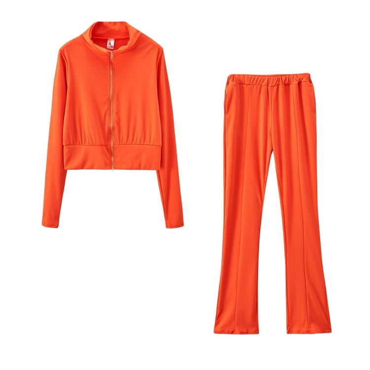 Autumn Solid Color Short Long-sleeved Zipper Slim Fit Sportswear + Trousers Suit For Ladies
