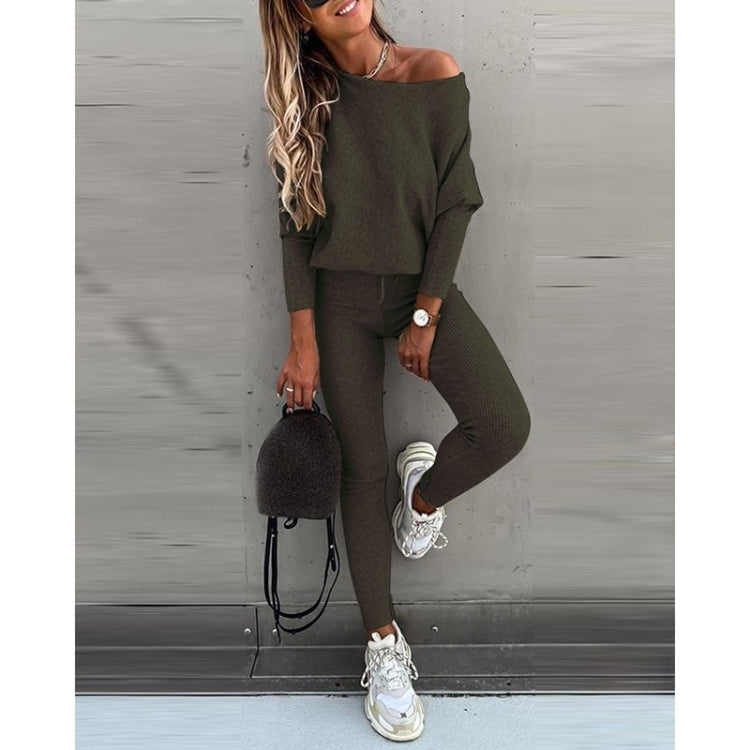 2 in 1 Autumn Pure Color Slanted Shoulder Long Sleeve Sweatshirt Set For Ladies