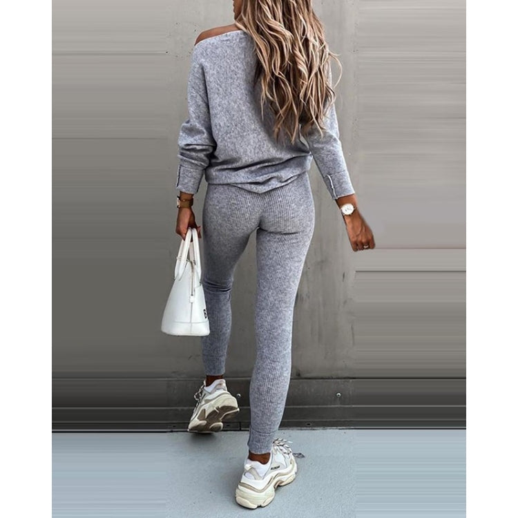 2 in 1 Autumn Pure Color Slanted Shoulder Long Sleeve Sweatshirt Set For Ladies