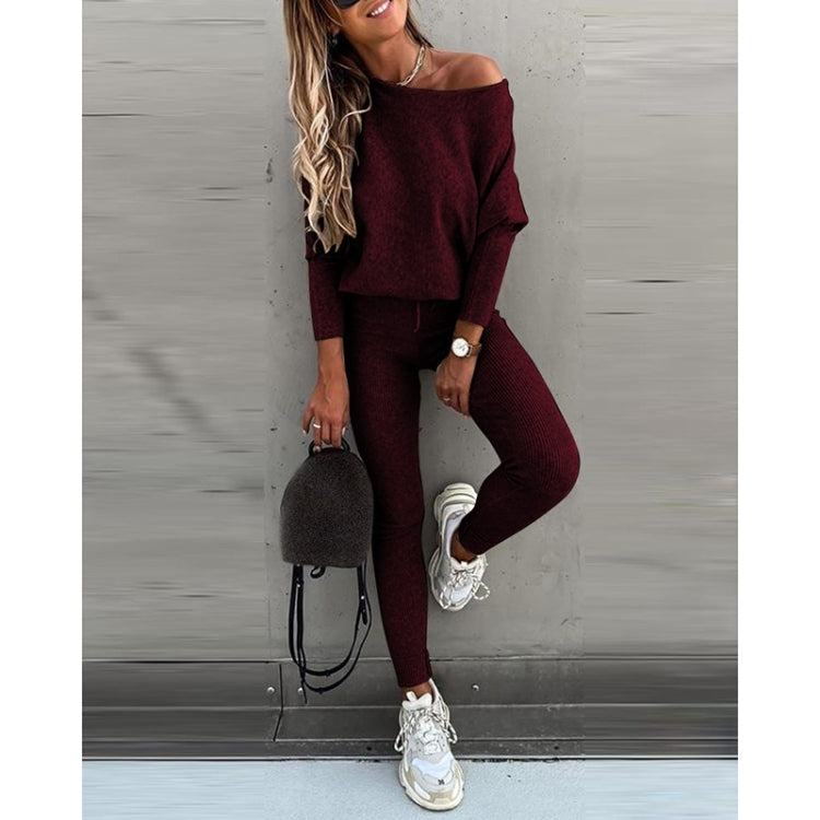 2 in 1 Autumn Pure Color Slanted Shoulder Long Sleeve Sweatshirt Set For Ladies