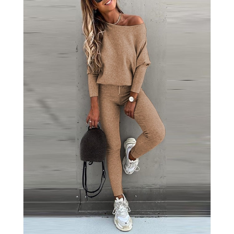 2 in 1 Autumn Pure Color Slanted Shoulder Long Sleeve Sweatshirt Set For Ladies