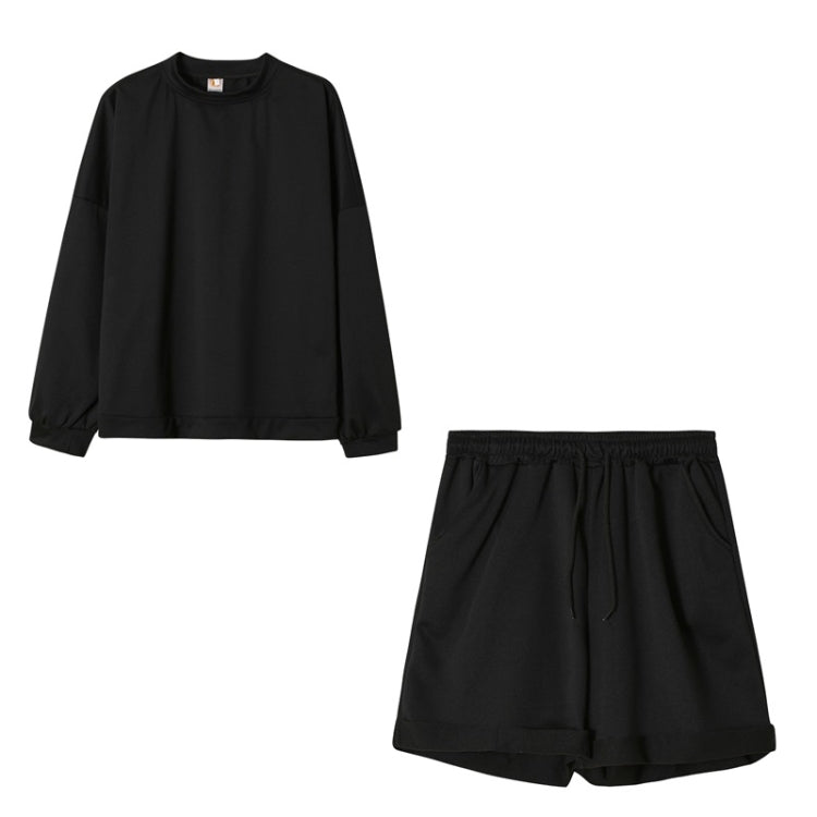 2 in 1 Spring Autumn Solid Color Loose Round Neck Long Sleeve Shirt + Shorts Set for Ladies