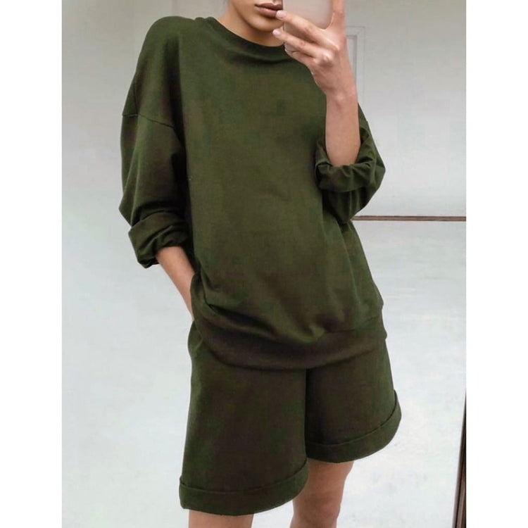 2 in 1 Spring Autumn Solid Color Loose Round Neck Long Sleeve Shirt + Shorts Set for Ladies