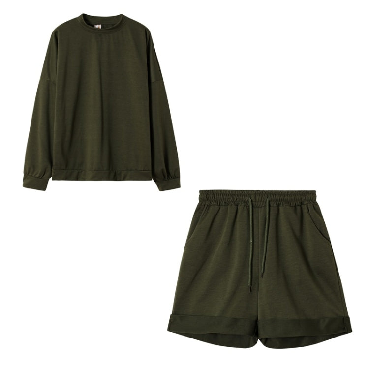 2 in 1 Spring Autumn Solid Color Loose Round Neck Long Sleeve Shirt + Shorts Set for Ladies