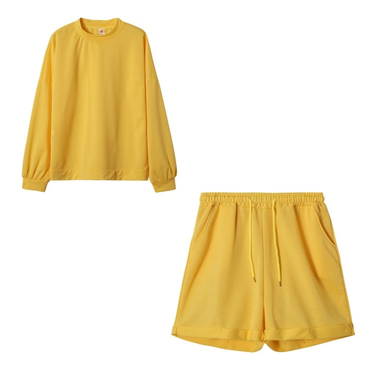 2 in 1 Spring Autumn Solid Color Loose Round Neck Long Sleeve Shirt + Shorts Set for Ladies