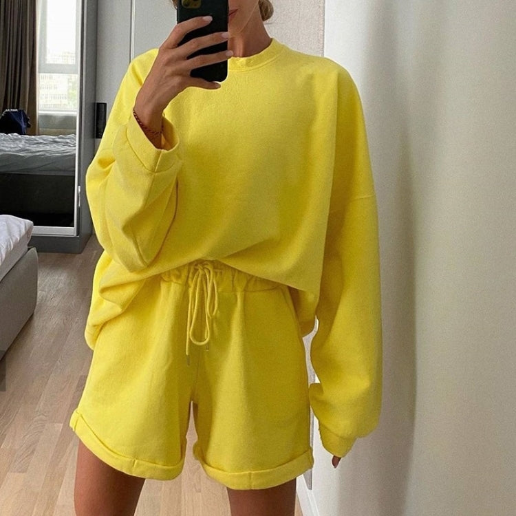 2 in 1 Spring Autumn Solid Color Loose Round Neck Long Sleeve Shirt + Shorts Set for Ladies