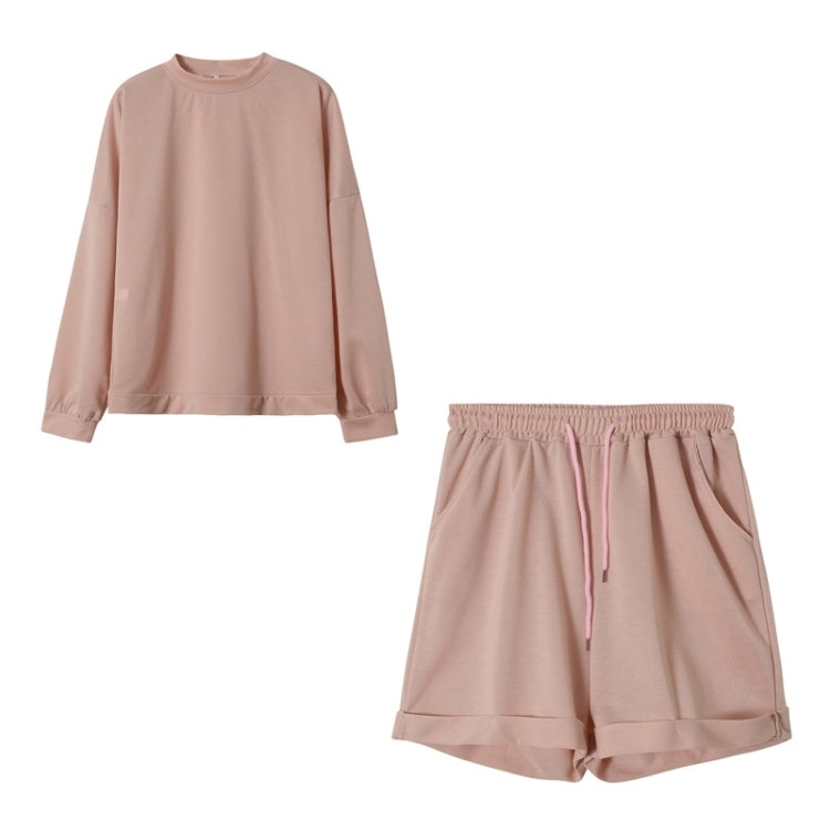 2 in 1 Spring Autumn Solid Color Loose Round Neck Long Sleeve Shirt + Shorts Set for Ladies
