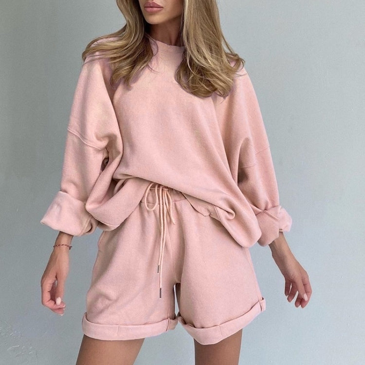 2 in 1 Spring Autumn Solid Color Loose Round Neck Long Sleeve Shirt + Shorts Set for Ladies