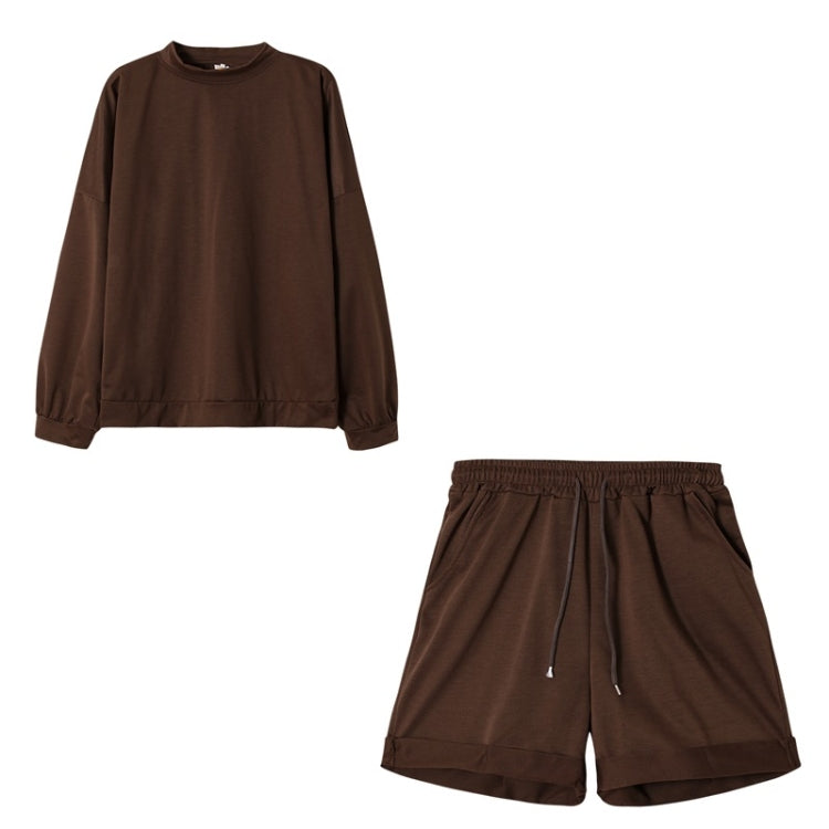 2 in 1 Spring Autumn Solid Color Loose Round Neck Long Sleeve Shirt + Shorts Set for Ladies