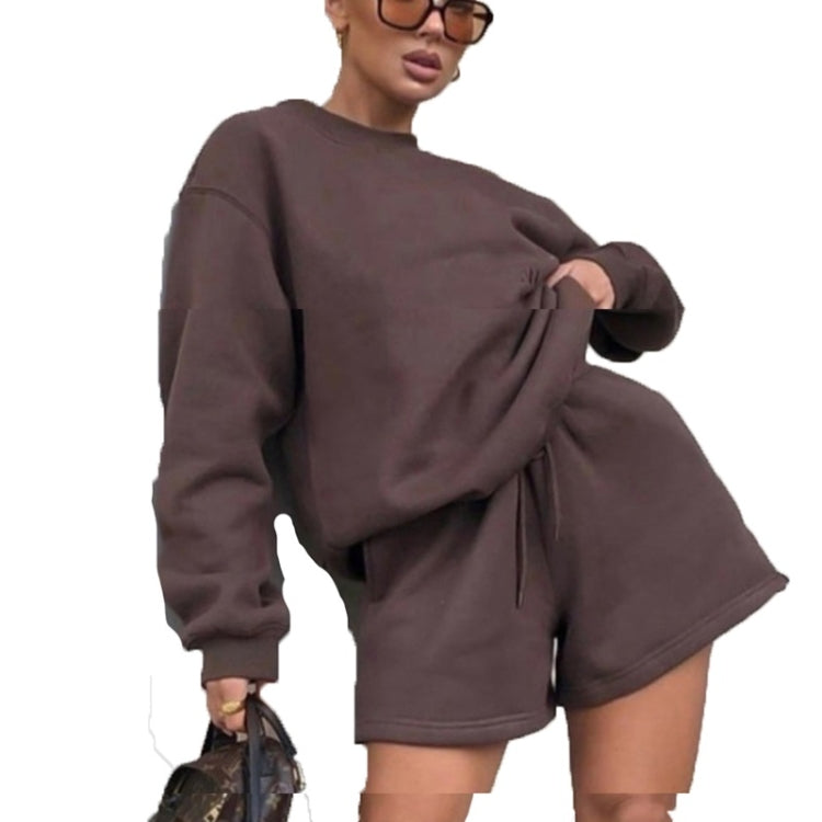 2 in 1 Spring Autumn Solid Color Loose Round Neck Long Sleeve Shirt + Shorts Set for Ladies