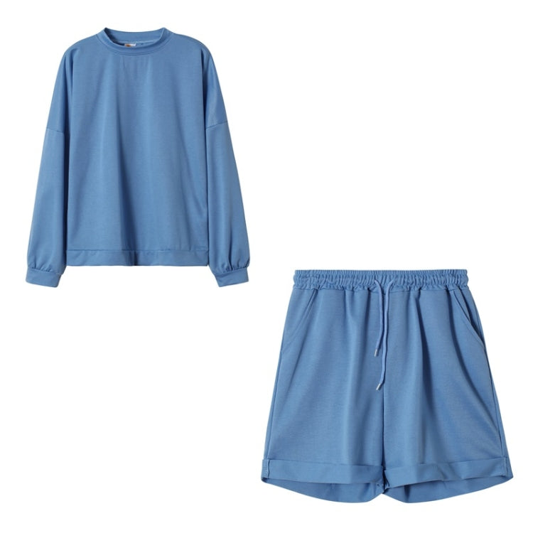 2 in 1 Spring Autumn Solid Color Loose Round Neck Long Sleeve Shirt + Shorts Set for Ladies