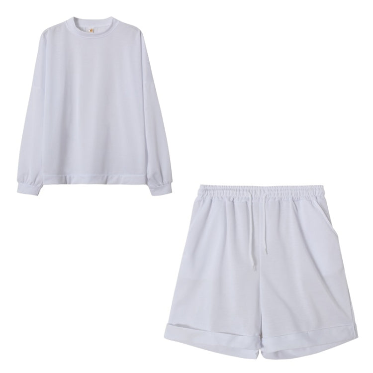 2 in 1 Spring Autumn Solid Color Loose Round Neck Long Sleeve Shirt + Shorts Set for Ladies