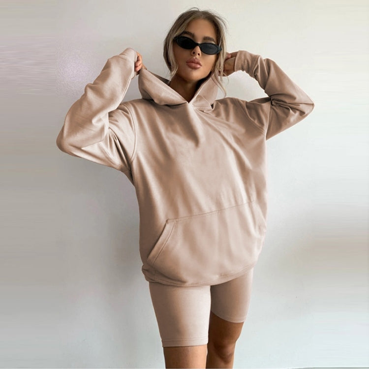 2 in 1 Spring Autumn Pure Color Loose Long Sleeve Hooded Sweater + Shorts Set for Ladies