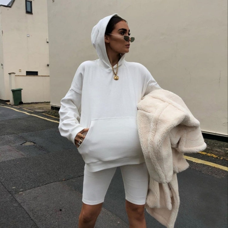 2 in 1 Spring Autumn Pure Color Loose Long Sleeve Hooded Sweater + Shorts Set for Ladies