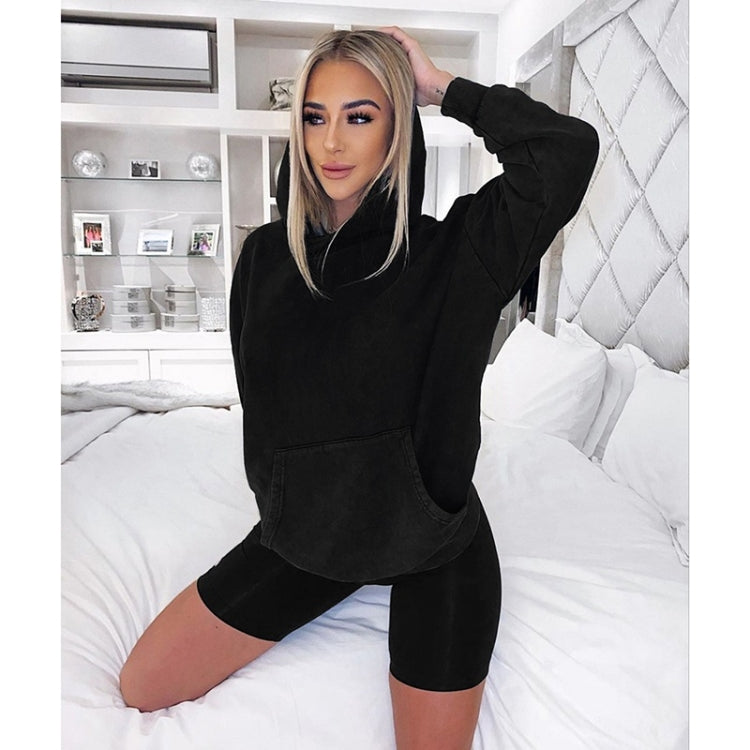 2 in 1 Spring Autumn Pure Color Loose Long Sleeve Hooded Sweater + Shorts Set for Ladies