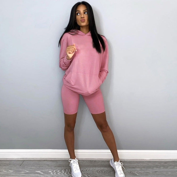 2 in 1 Spring Autumn Pure Color Loose Long Sleeve Hooded Sweater + Shorts Set for Ladies