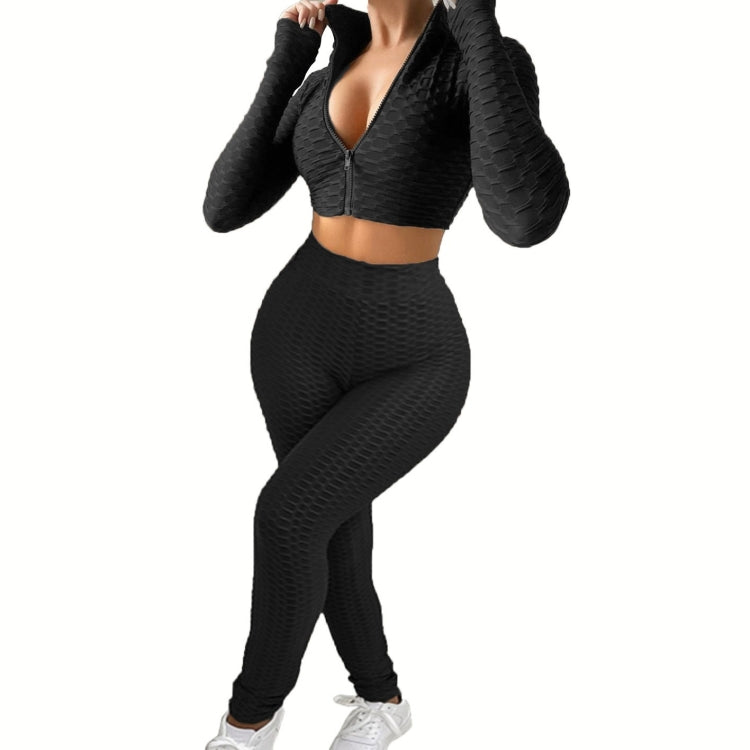 2 in 1 Spring Autumn Net Pattern Solid Color Zipper Long-sleeved Shirt + Trousers Suit for Ladies