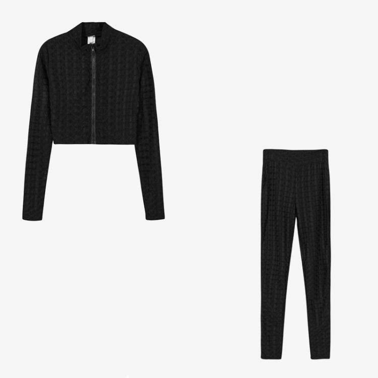 2 in 1 Spring Autumn Net Pattern Solid Color Zipper Long-sleeved Shirt + Trousers Suit for Ladies