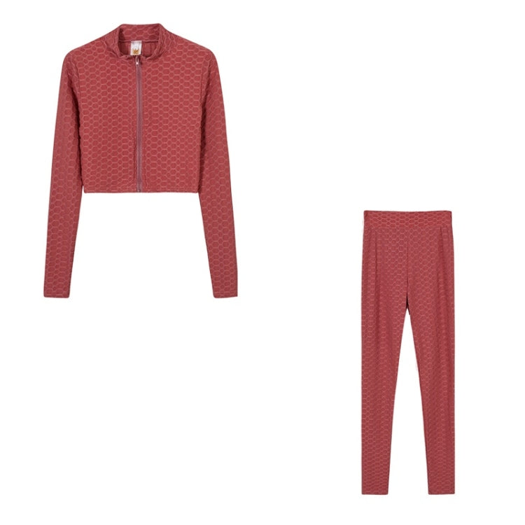 2 in 1 Spring Autumn Net Pattern Solid Color Zipper Long-sleeved Shirt + Trousers Suit for Ladies